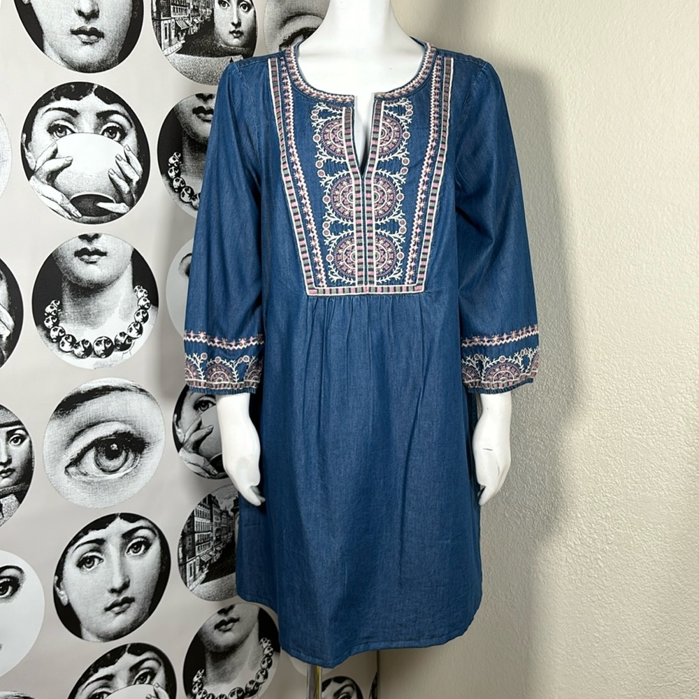 J.Jill Boho Embroidered Indigo Denim Tunic Dress Oversized Size M Medium